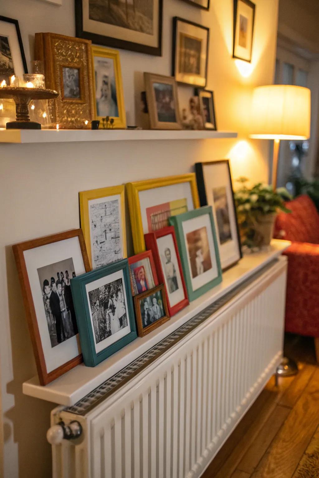 Turn your radiator shelf into an art gallery with personal touches.