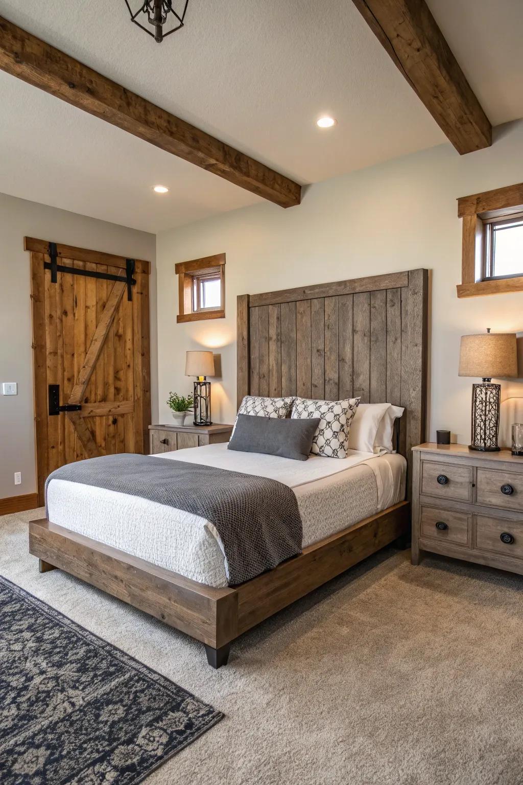 A bedroom combining modern and traditional rustic elements for a balanced design.