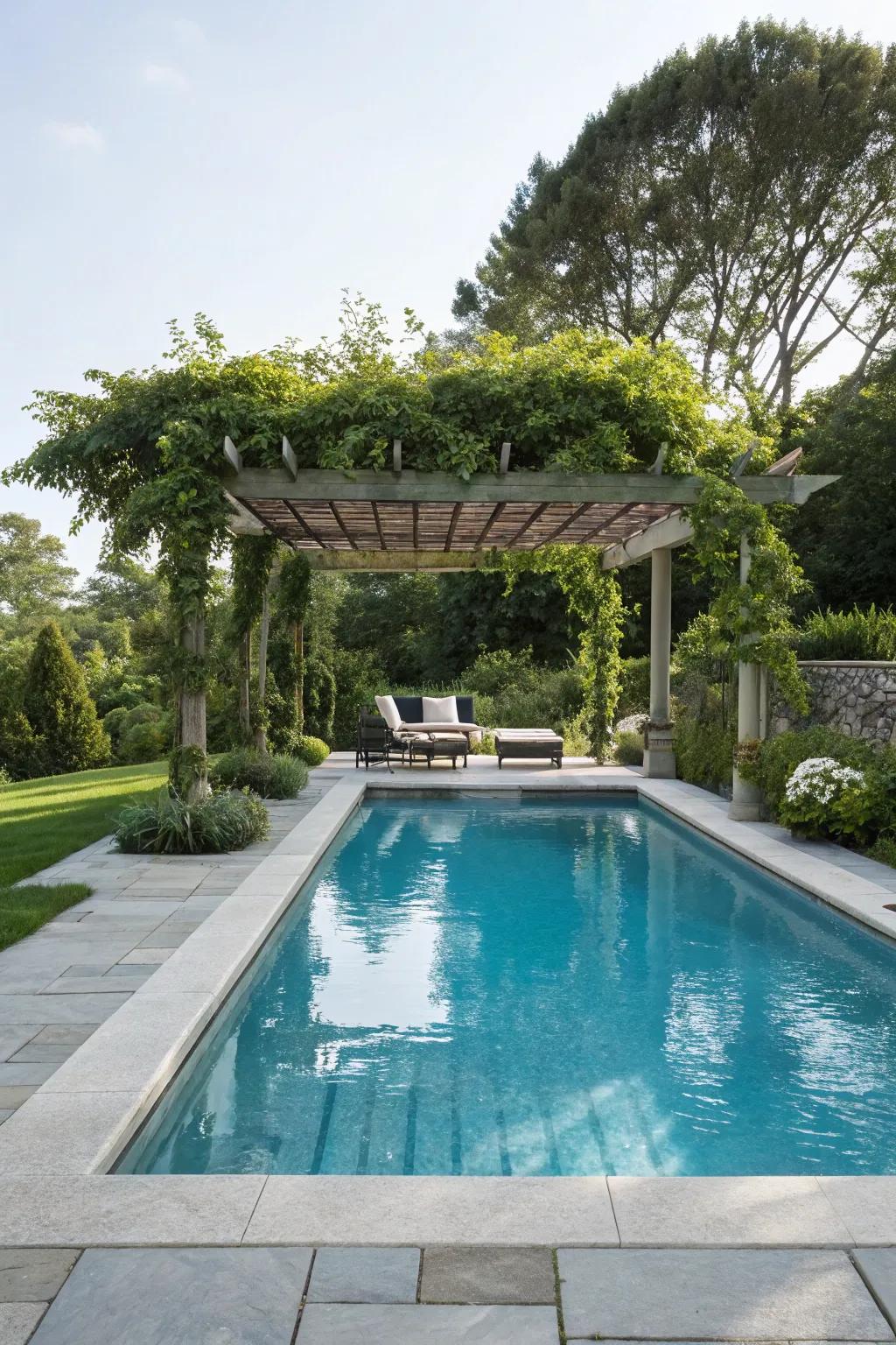 A pergola provides a stylish shaded retreat by the pool.