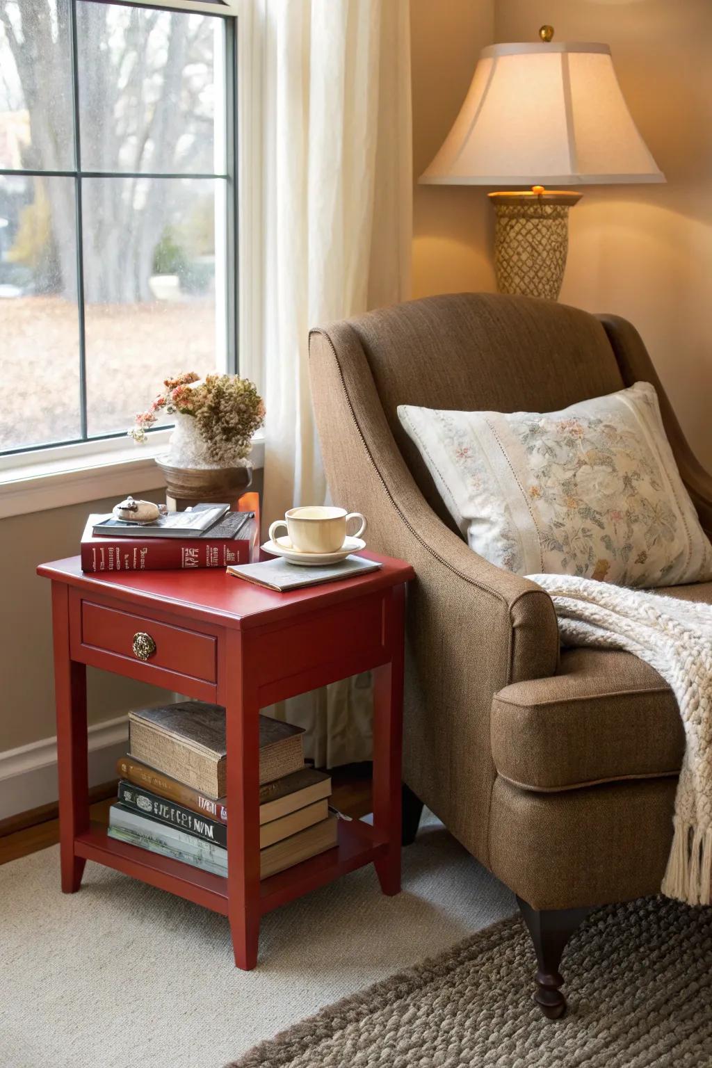 A reading nook with red and brown elements invites relaxation.