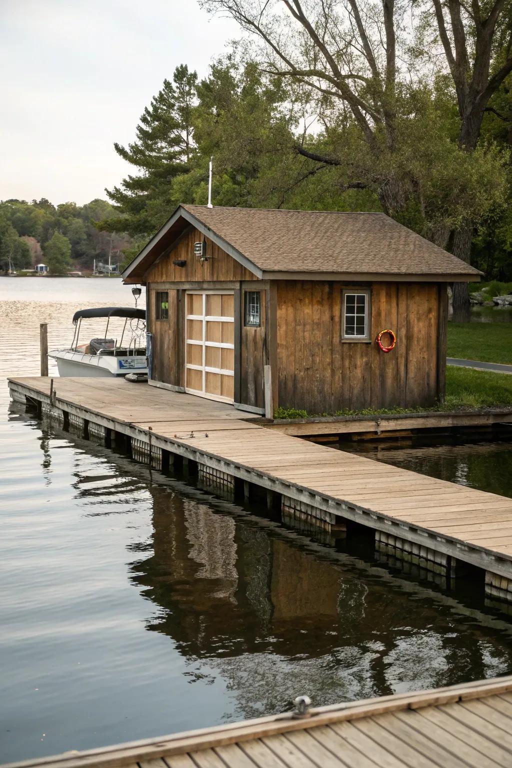 A dock and boathouse combination for storage and leisure.