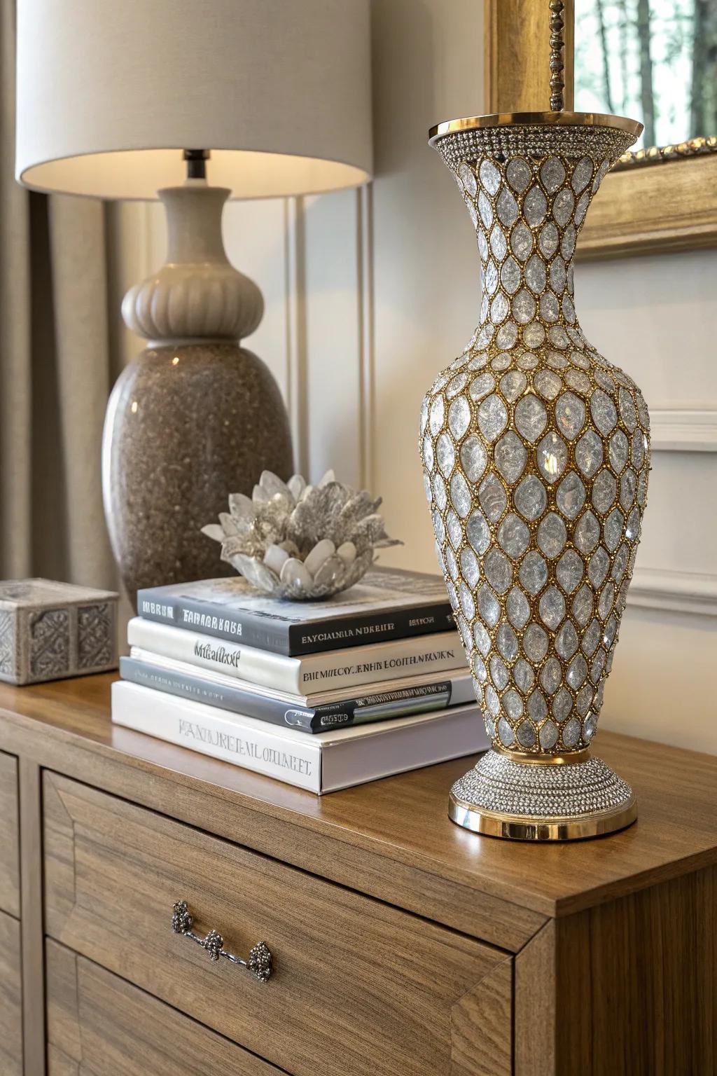 Dual honeycomb rhinestones transform simple vases.