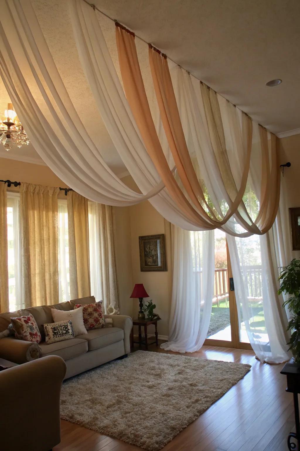 Dramatic ceiling-to-floor ribbon curtains.