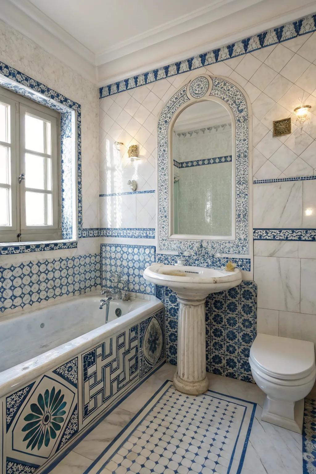 Contrasting tiles make a bold statement in this elegant bathroom.