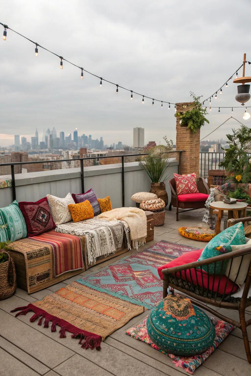 Cozy and colorful rooftop decor.