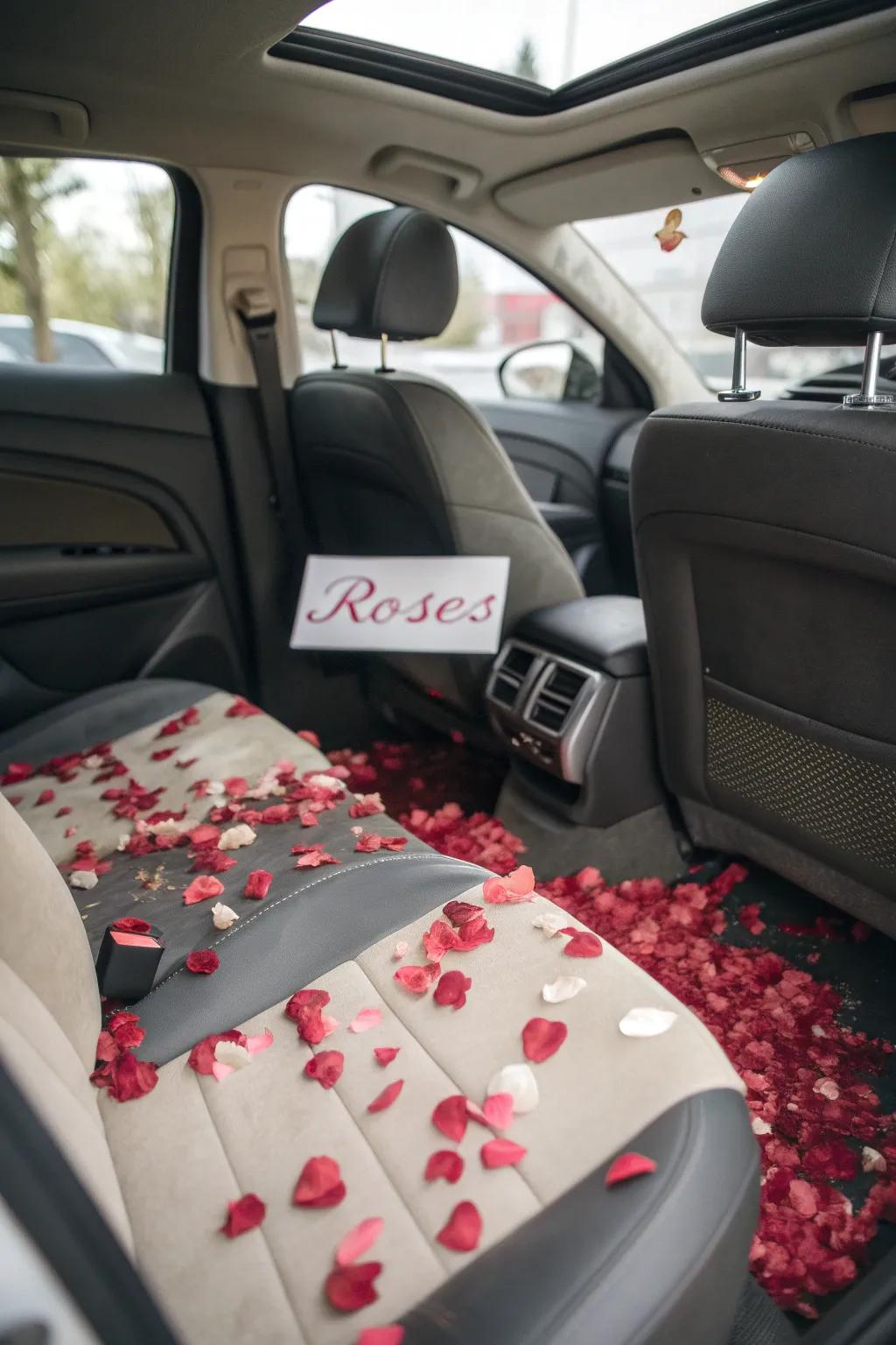 A car filled with rose petals as a delightful surprise