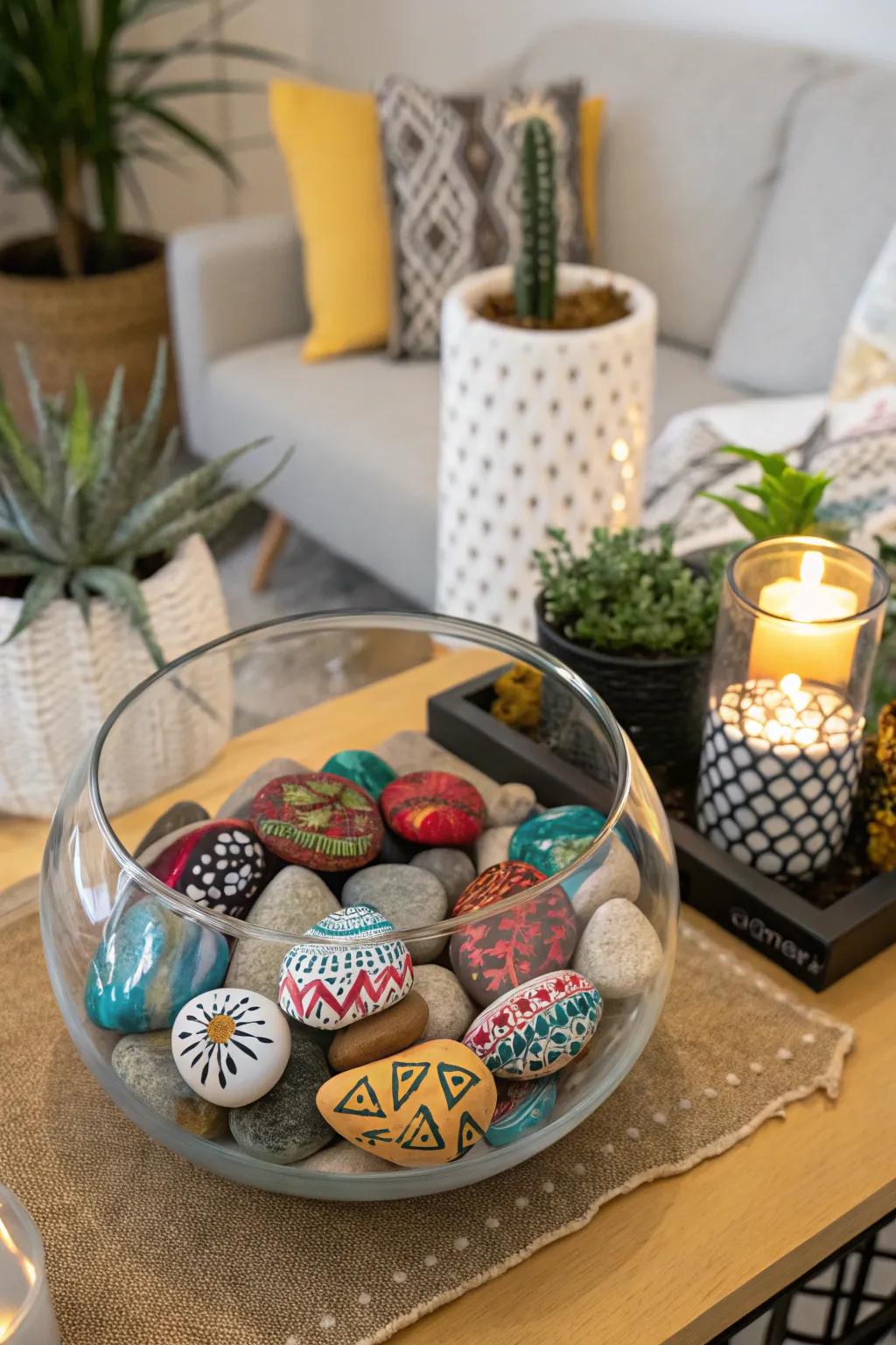 Painted stones in a glass bowl create a vibrant and artistic display.