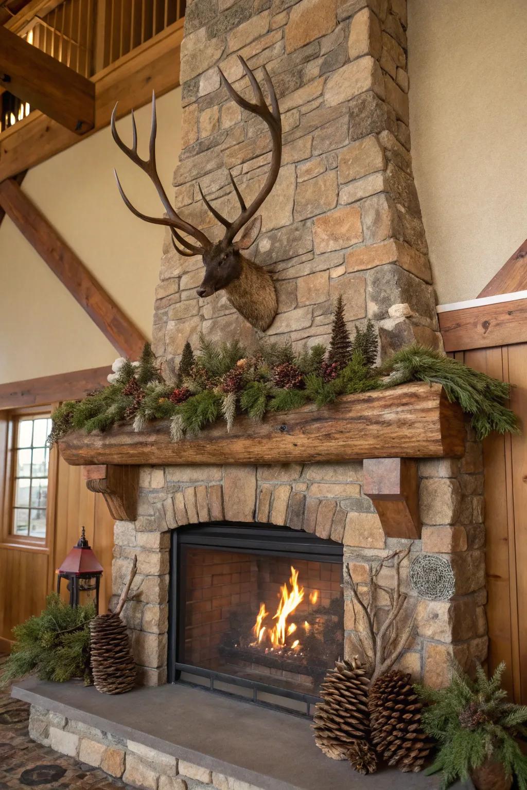 A fireplace adorned with decorative antlers for a rustic touch.