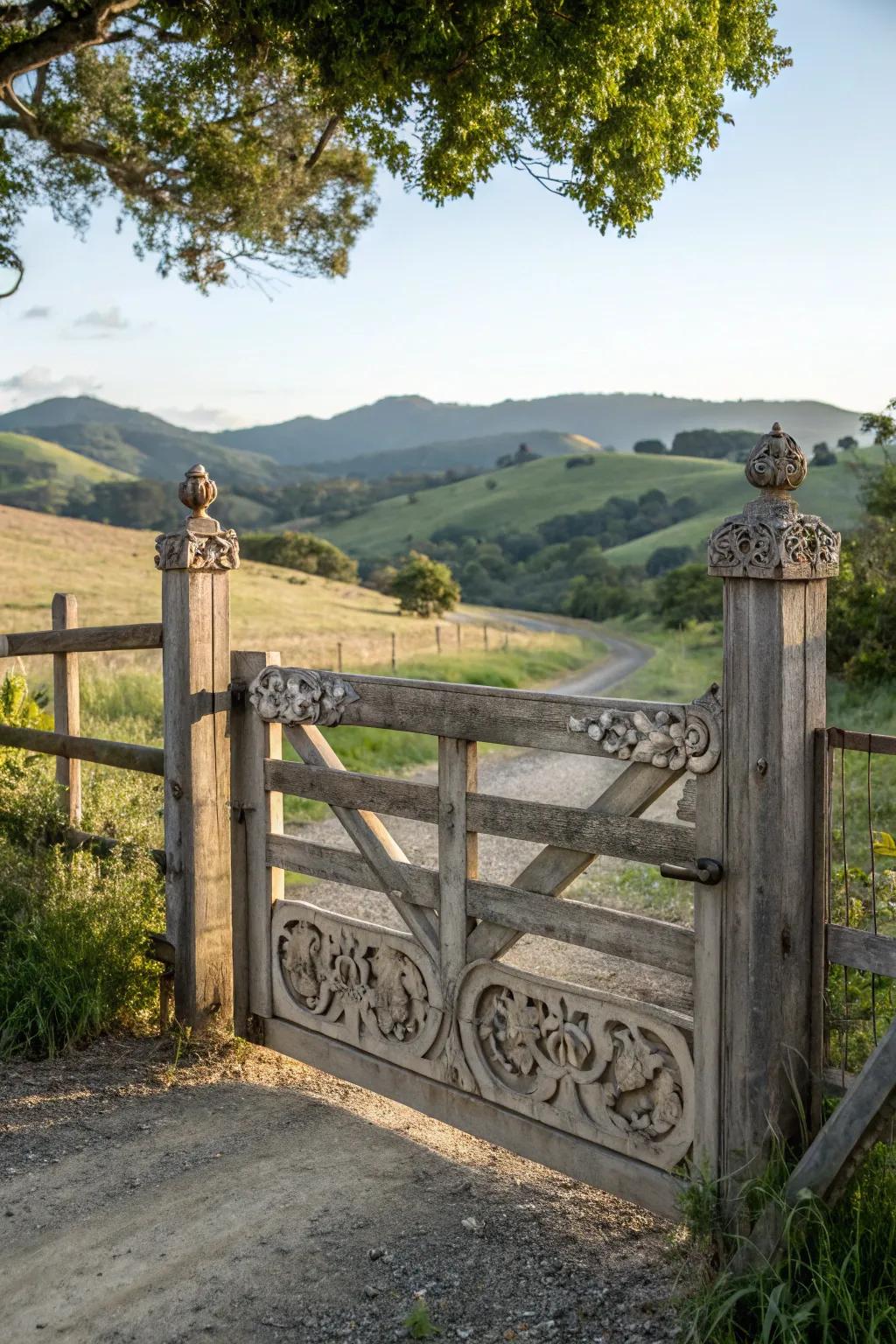 A farm gate adorned with crossbar details.