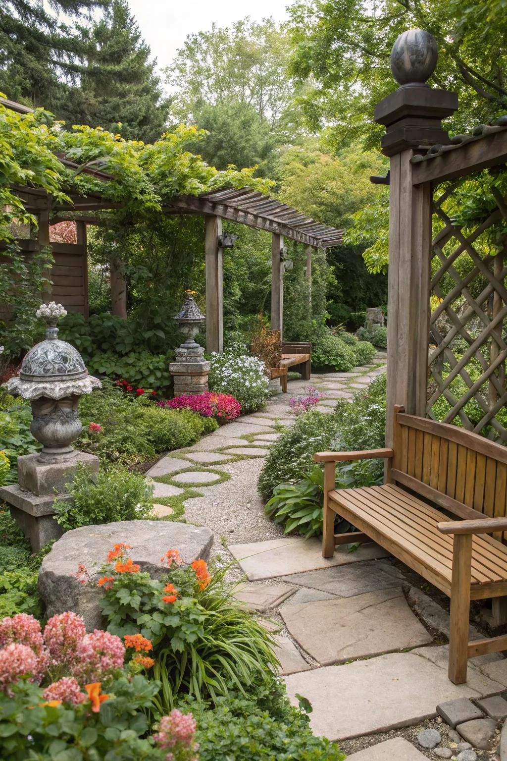 Natural materials like wood and stone accentuate this garden.