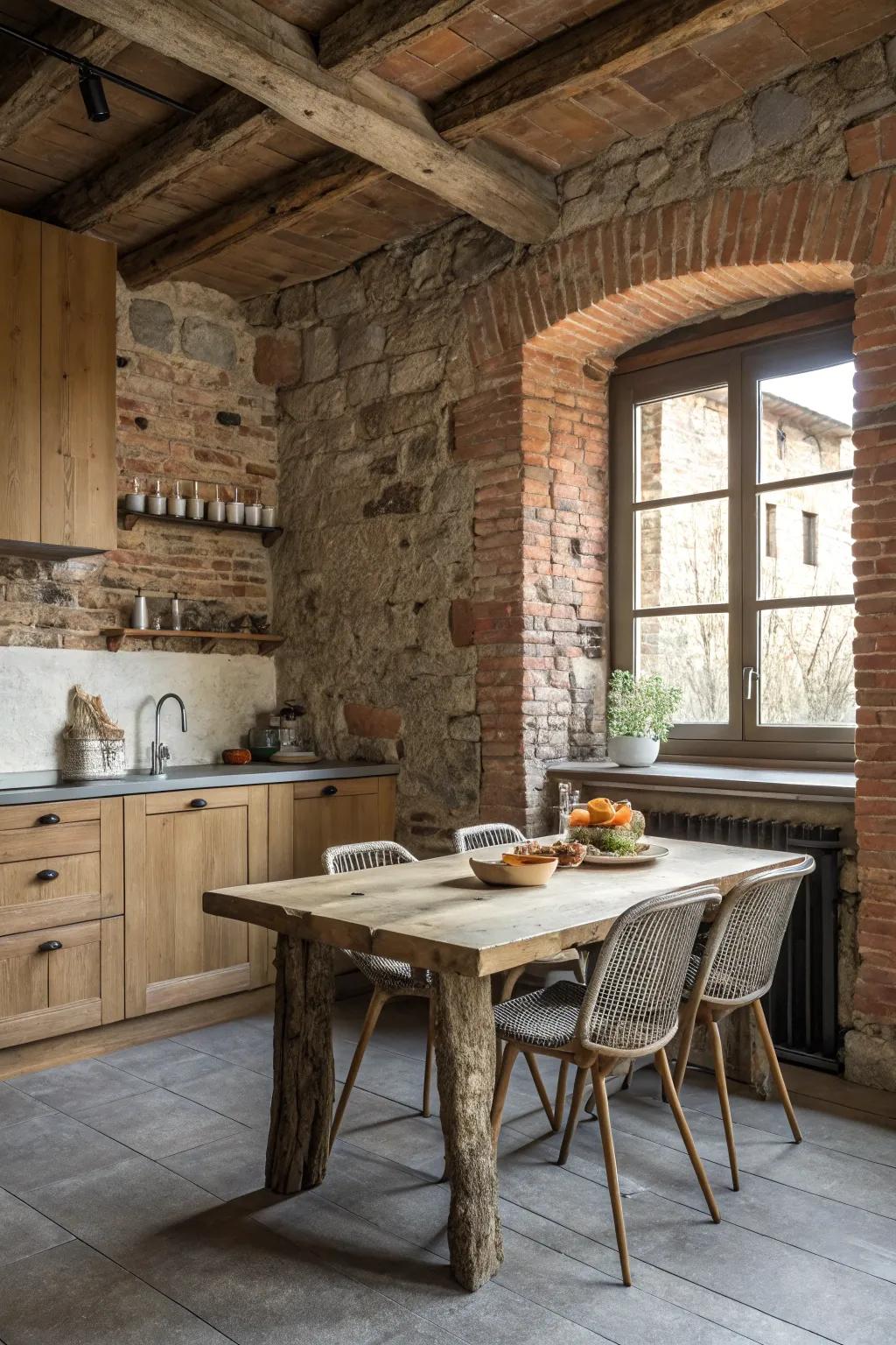 Natural textures add depth and authenticity to rustic kitchens.