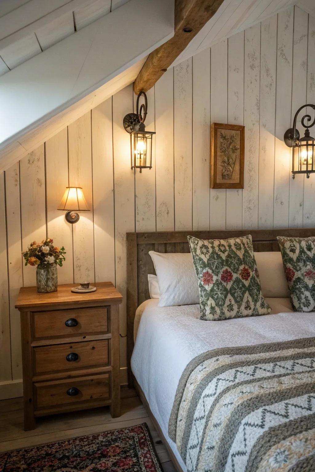 Soft sconces add a cozy touch to this cottage-style bedroom.