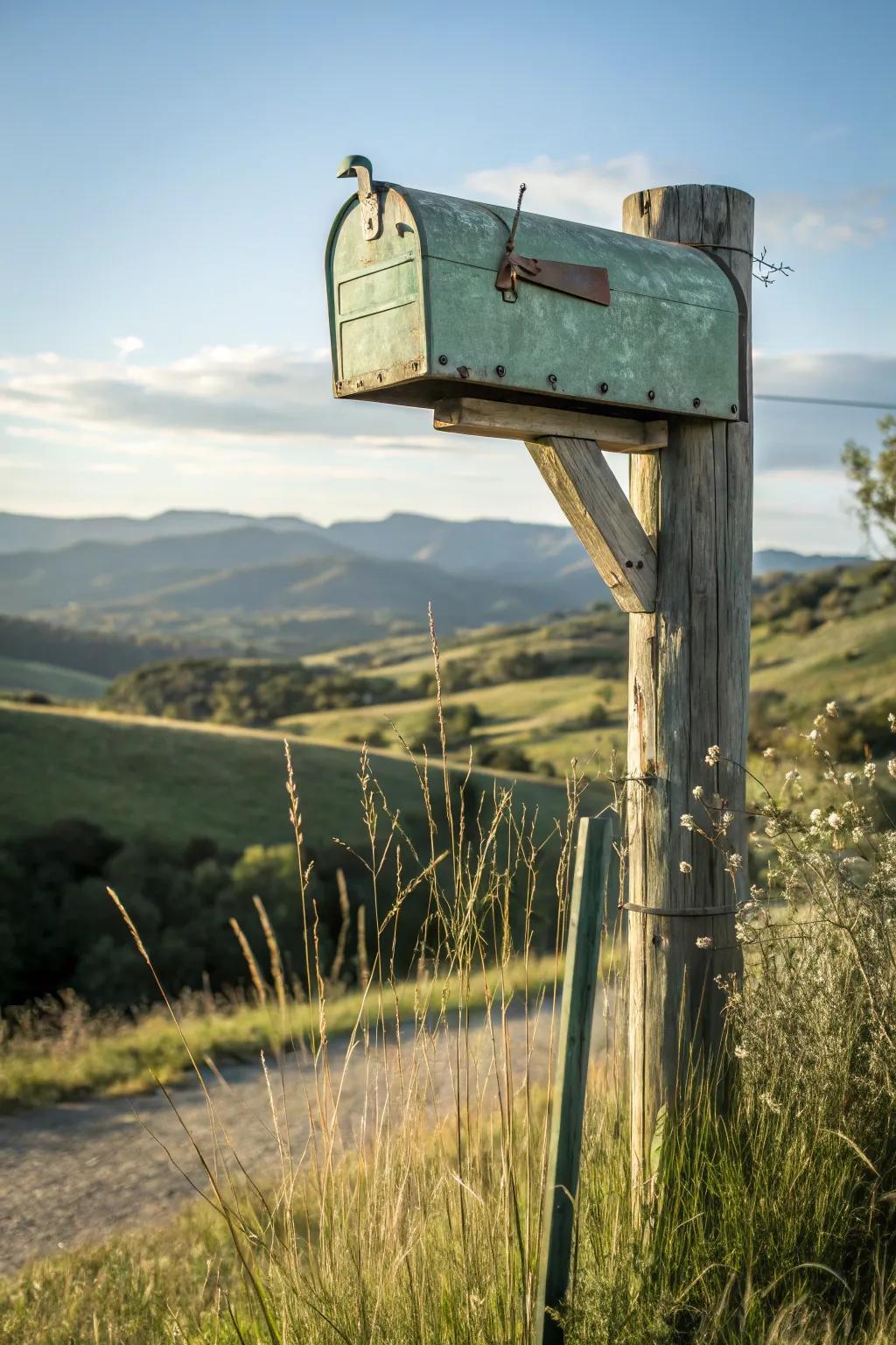 A hanging mailbox design adds unique charm to this rustic post.