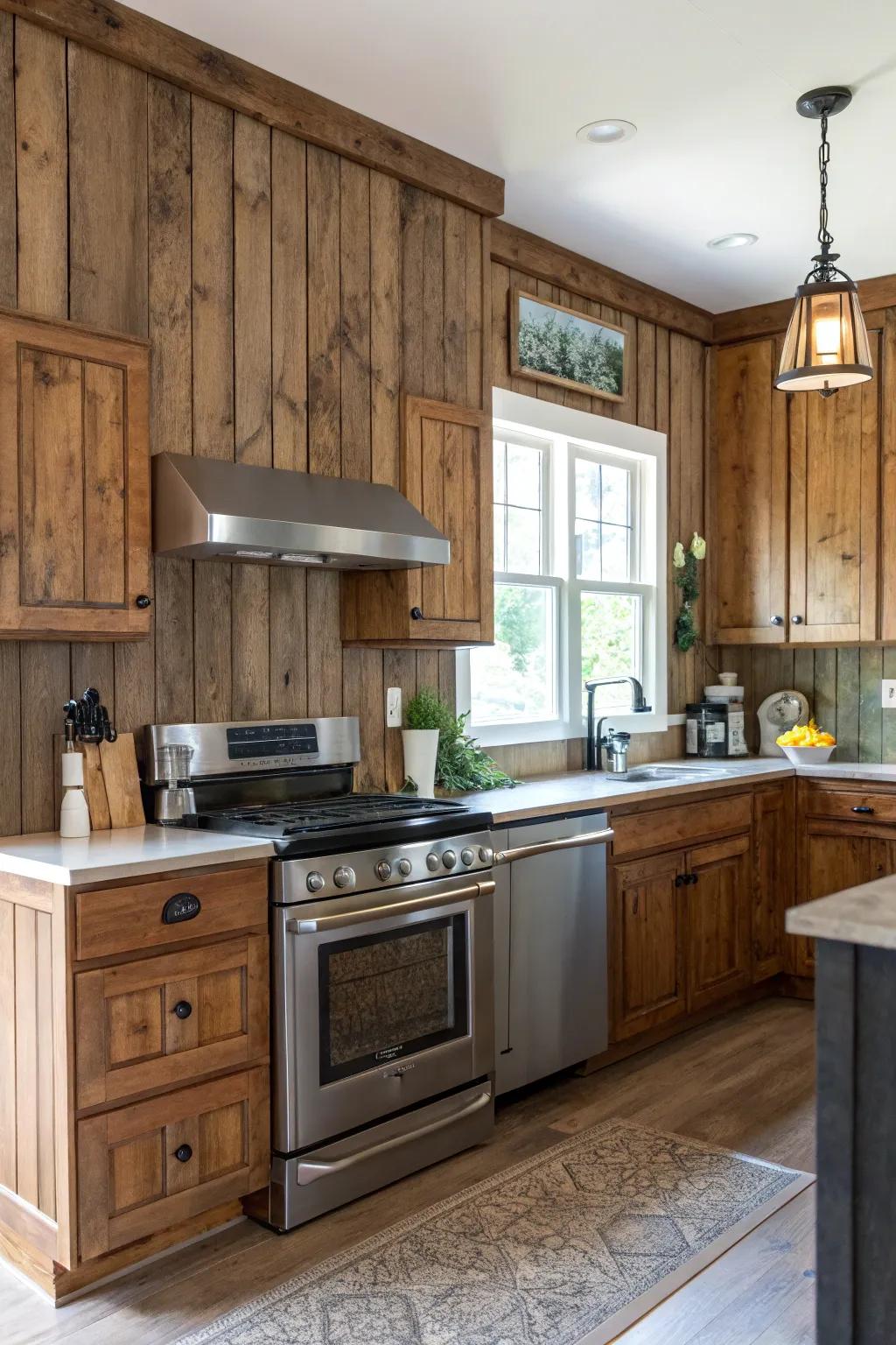 Rustic wainscoting in the kitchen adds warmth and contrast.