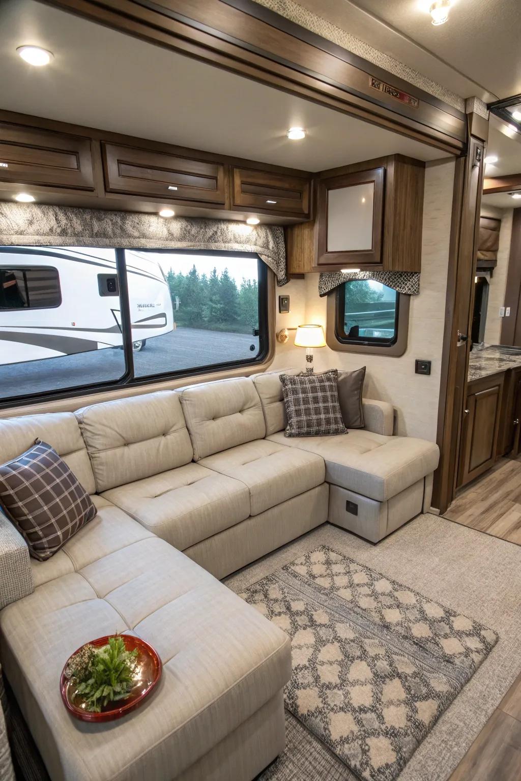 Sectional sofas offer style and ample seating in RVs.