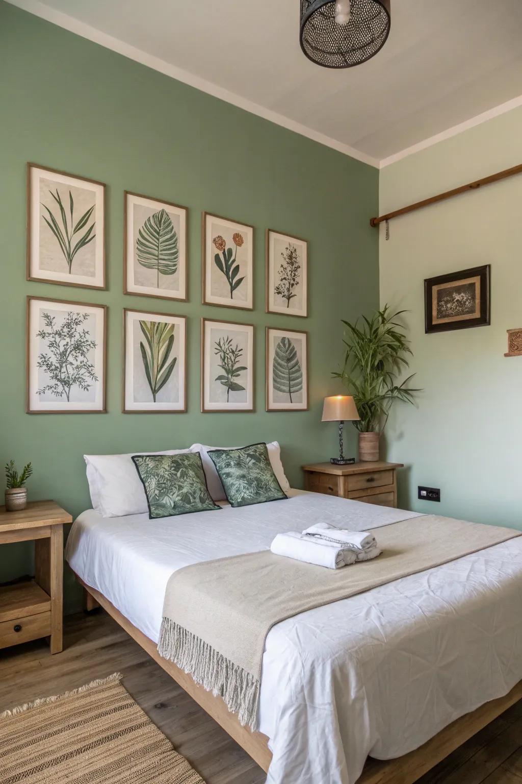 Sage green wall art adds depth and harmony to a tranquil bedroom setting.