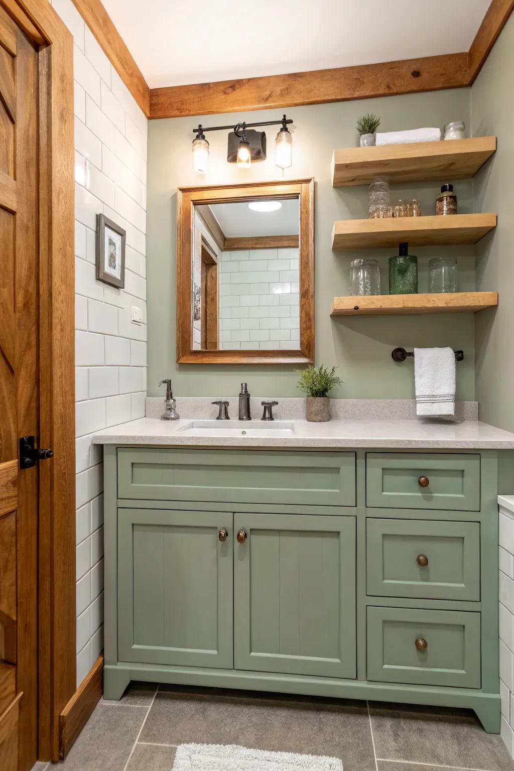 A cozy bathroom with a sage green vanity and natural wood accents.