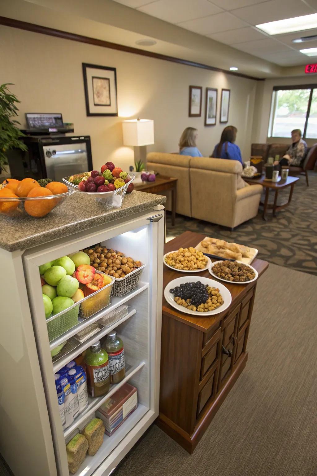 A snack bar with healthy options keeps energy levels high.