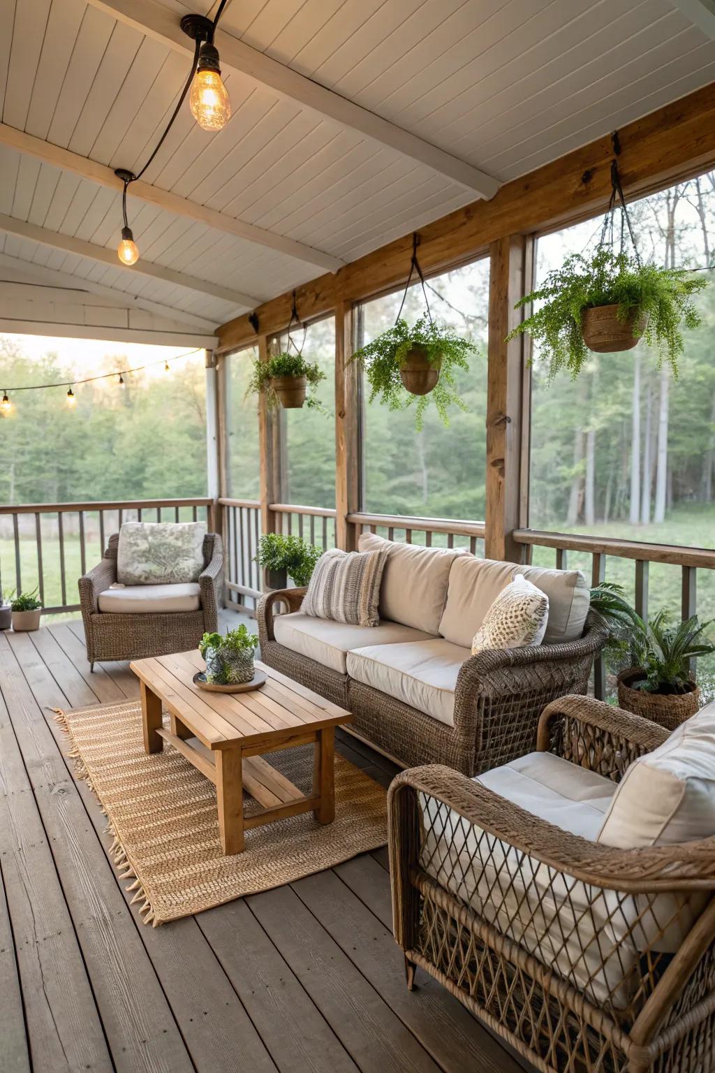 A farmhouse-inspired porch offers warmth and charm.