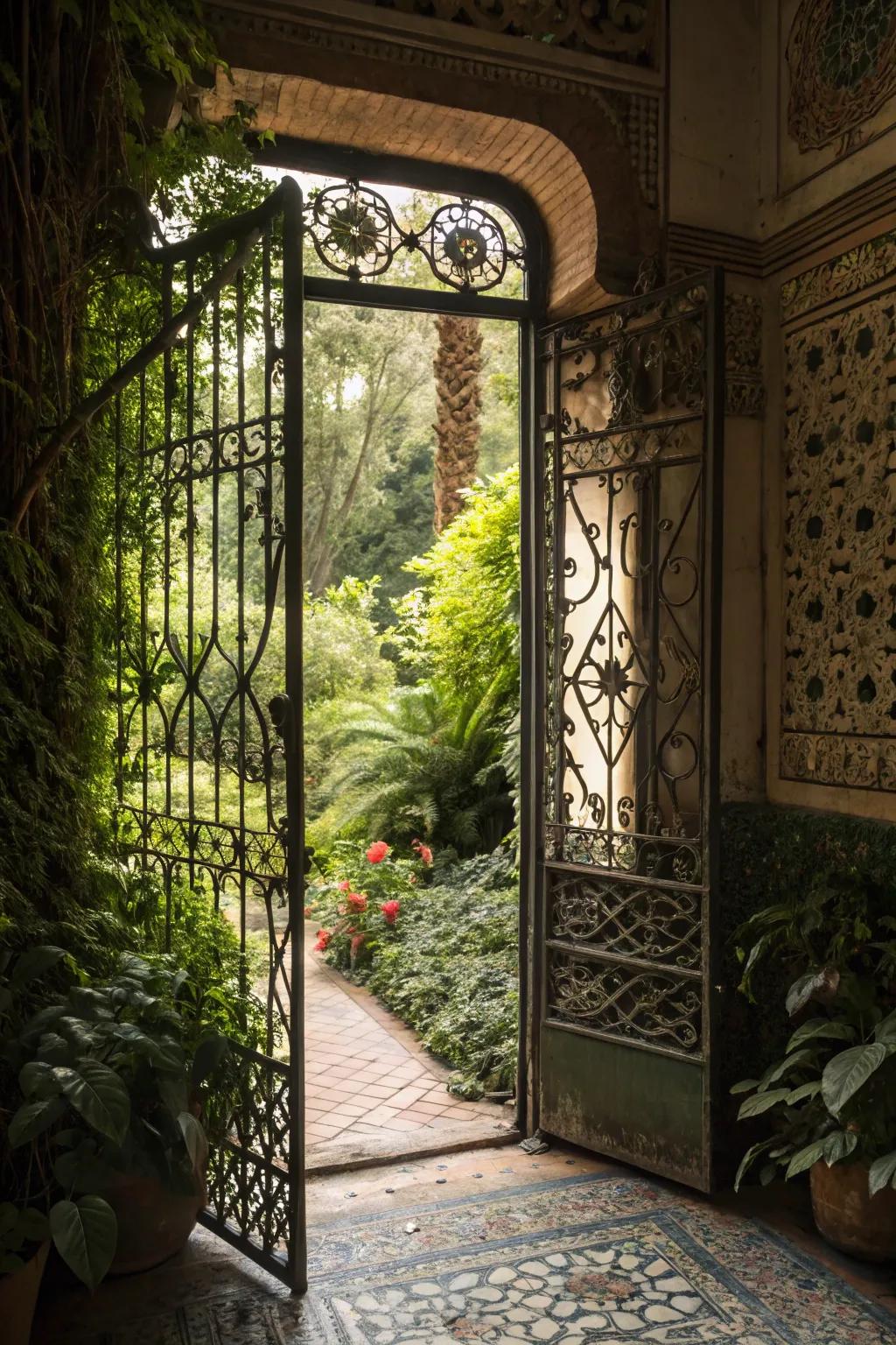 Intricate ironwork adds elegance to this secret garden door.