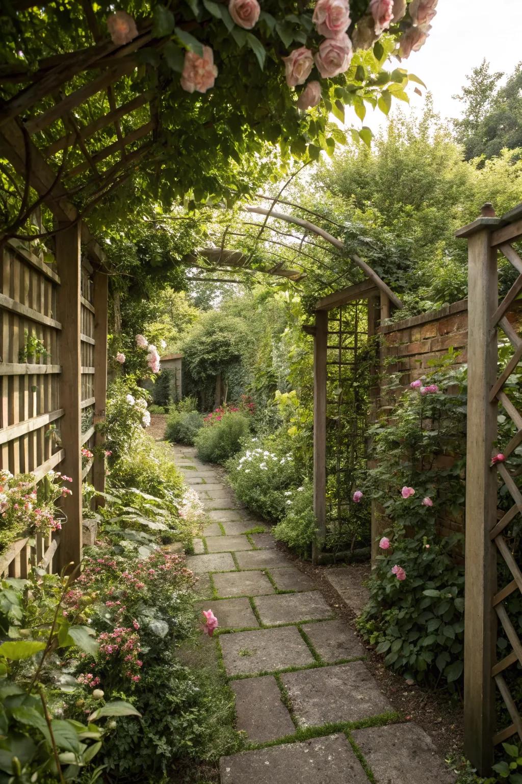 A private nook in the garden with dense foliage.