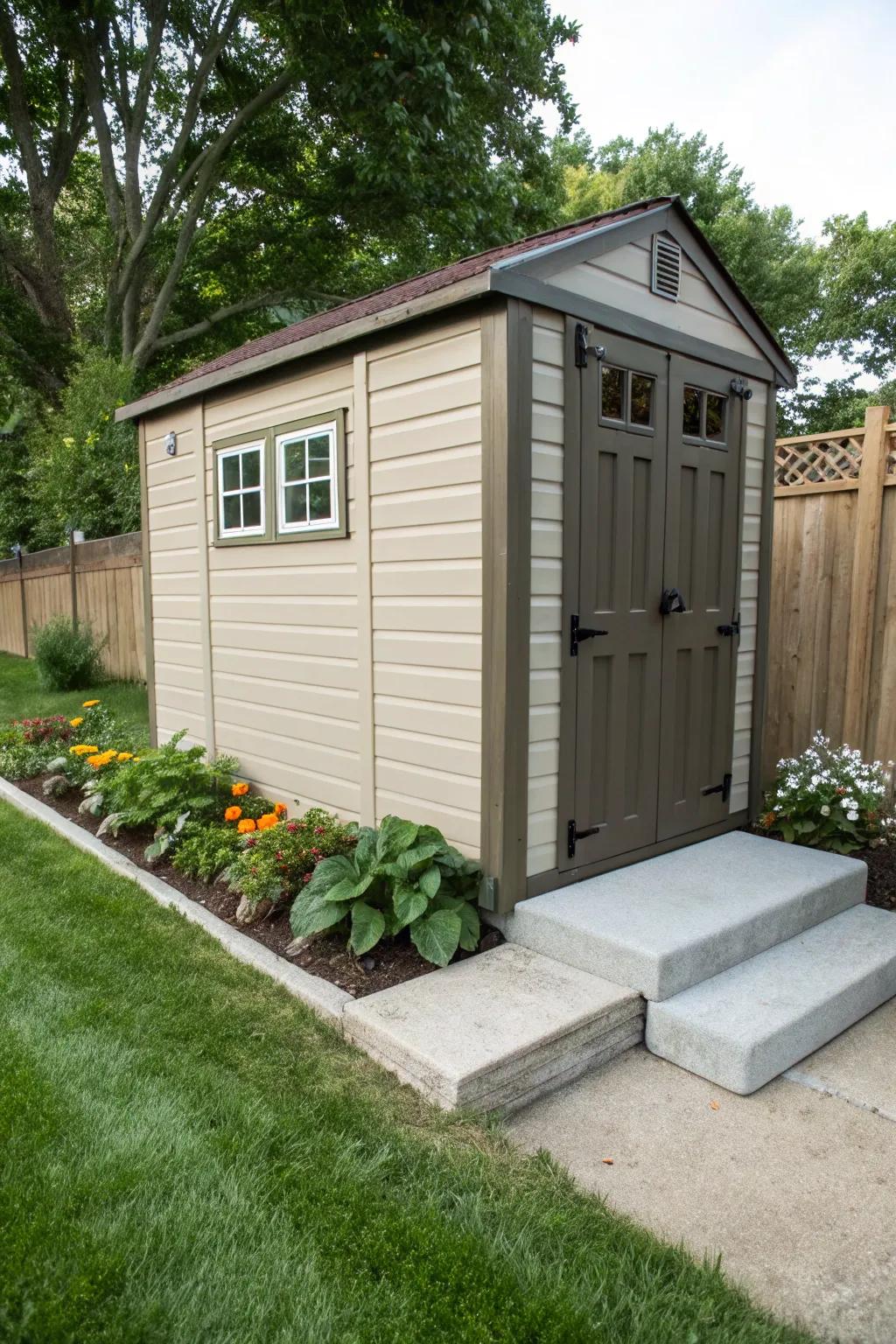 A garden shed firmly anchored to its foundation ensures stability.