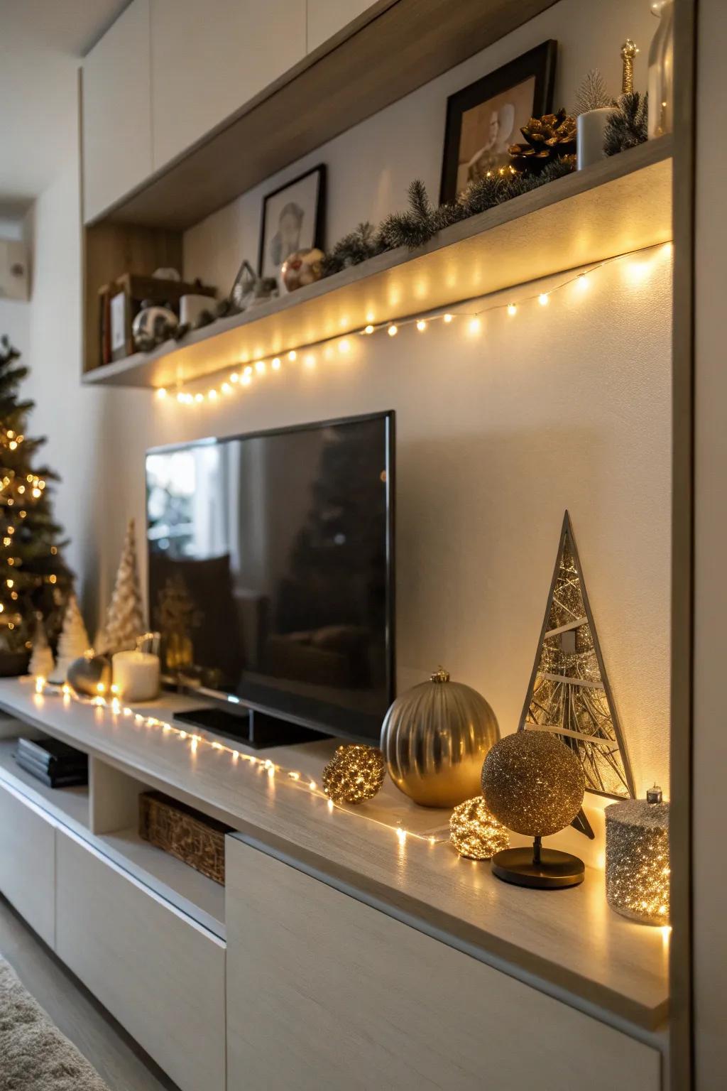 Accent lighting adds warmth and highlights decor above the TV.