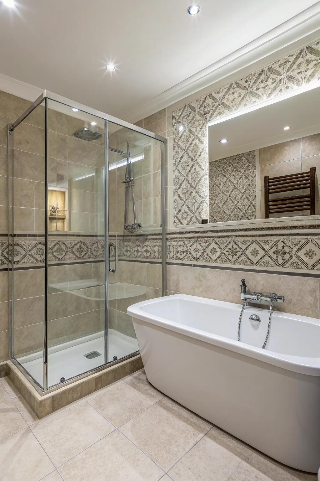 A combined tub and shower provides dual functionality in style.