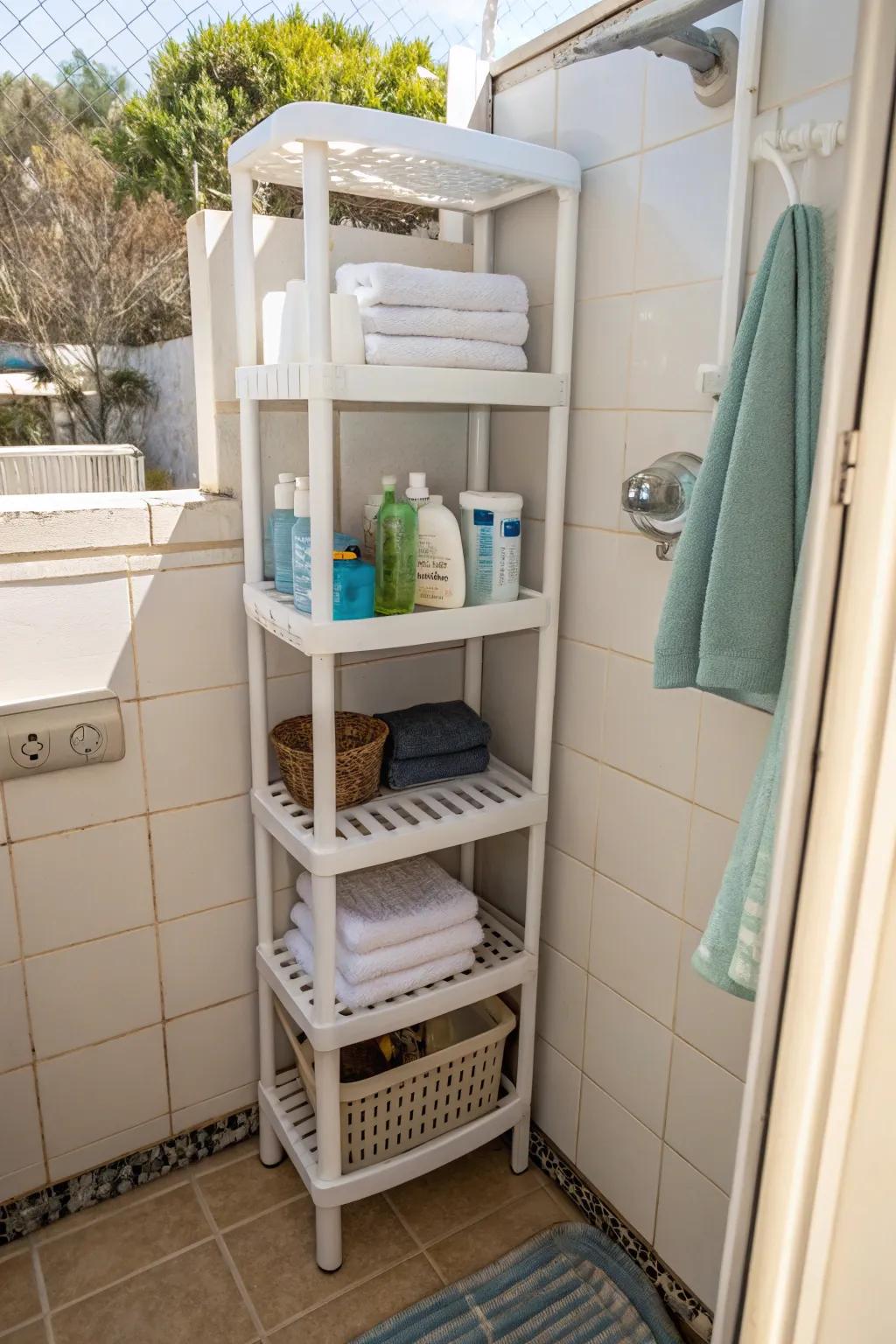 Compact plastic shelves provide a budget-friendly storage solution.