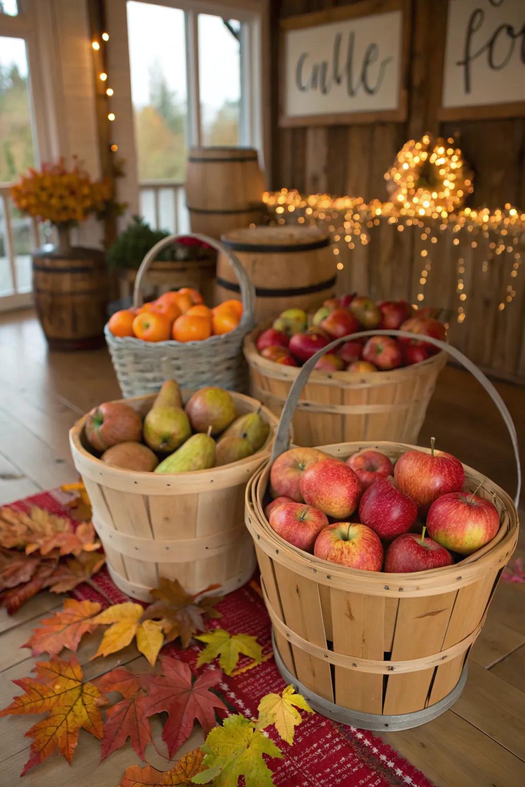 Baskets filled with apples add a seasonal touch.