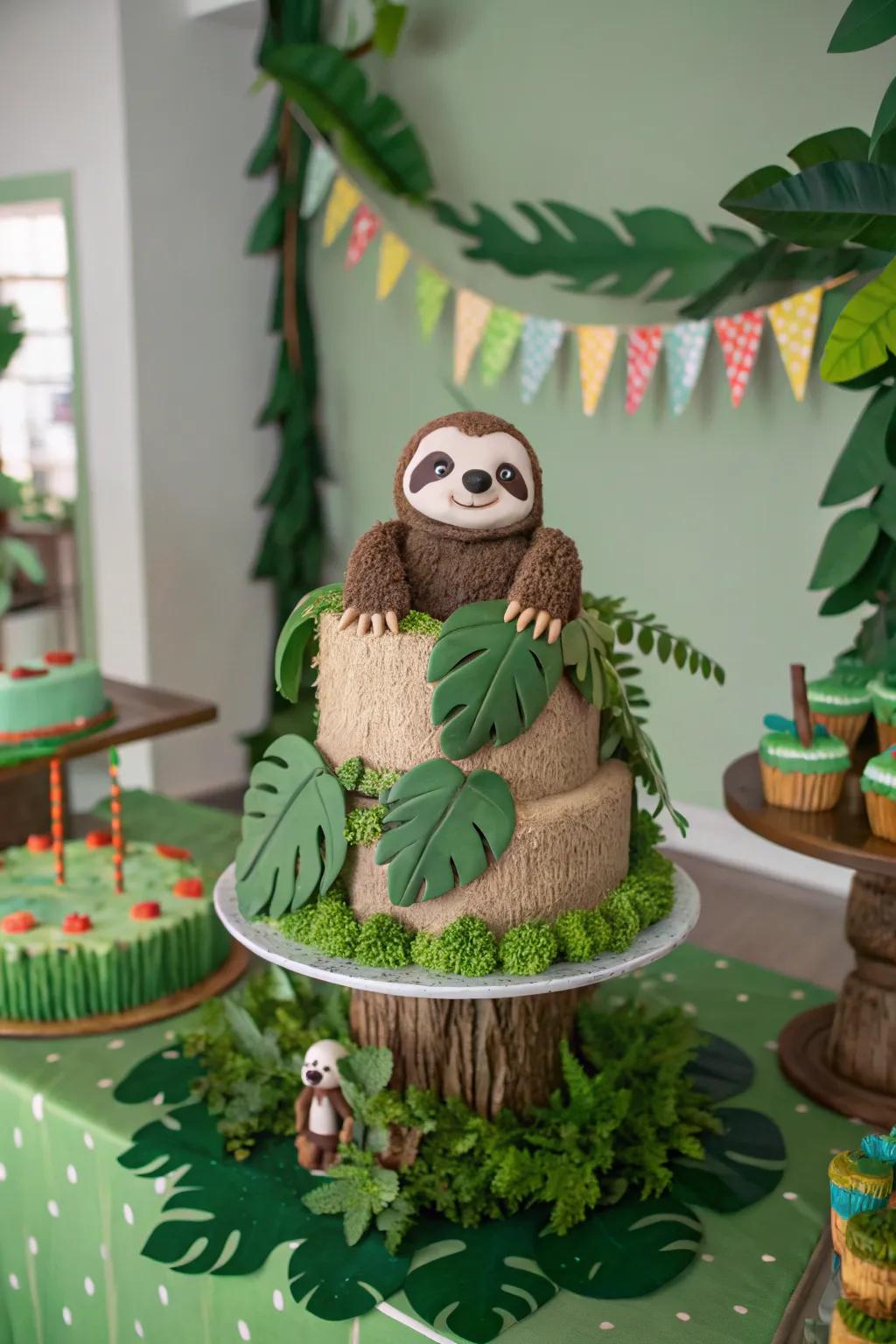 Jungle props turn a sloth cake into an adventure.