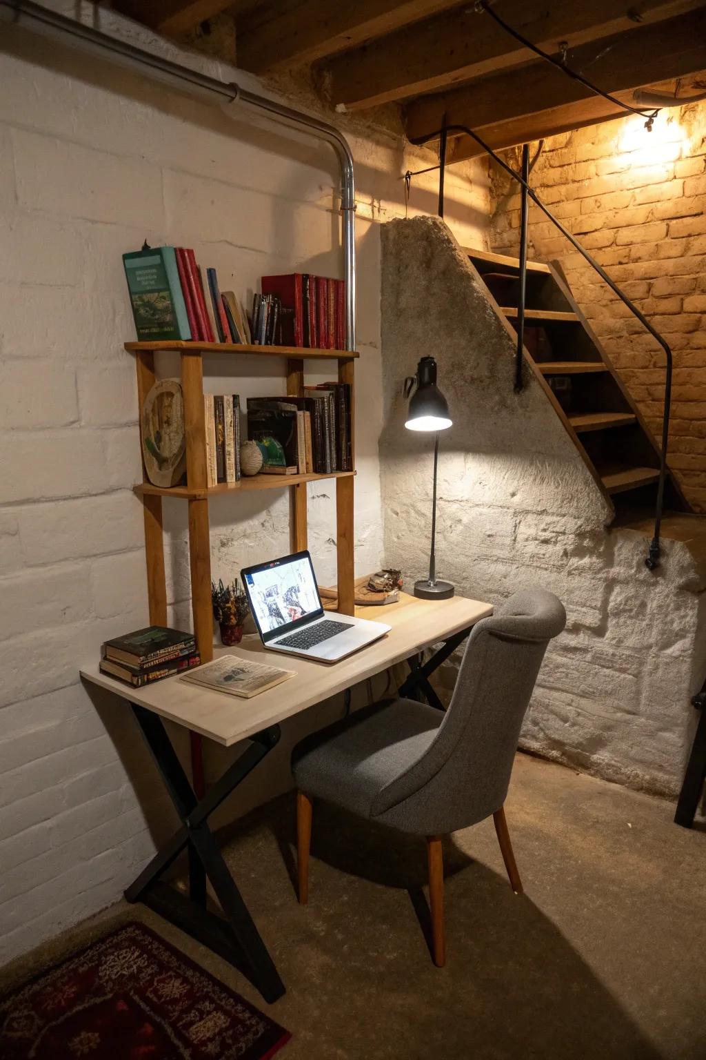 A compact home office in your basement.