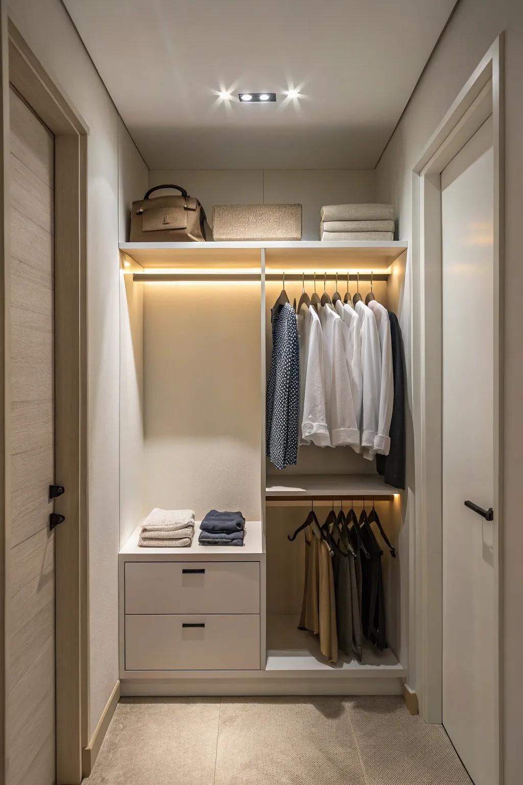 Minimalistic lighting complements a tidy closet.