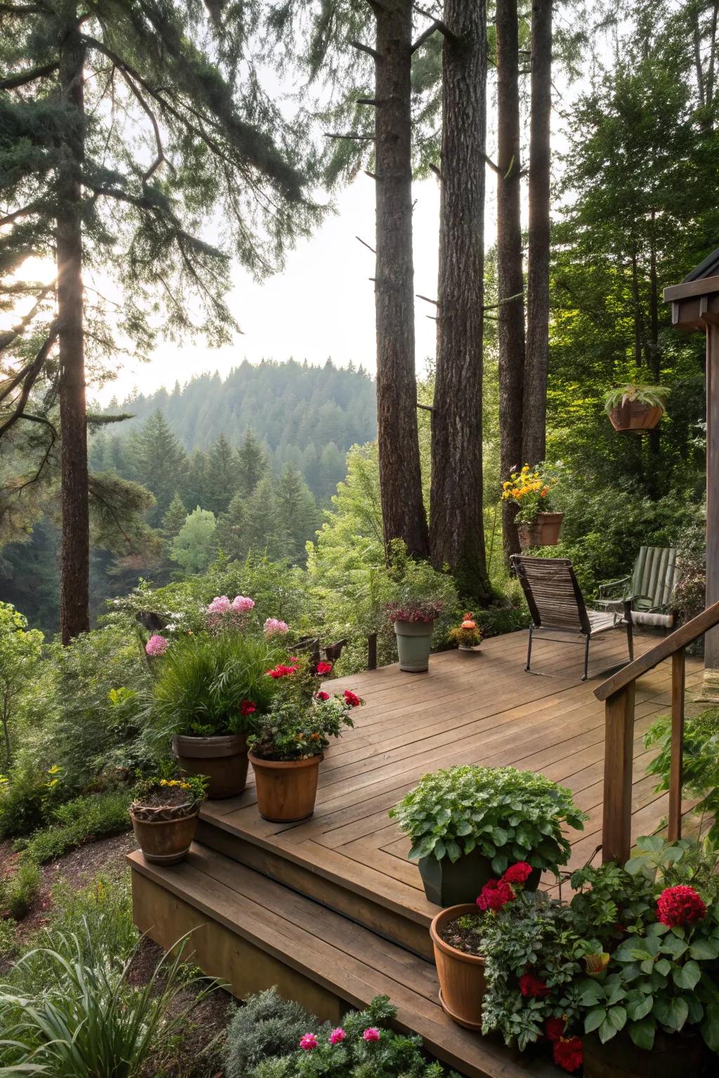 A small deck nestled within a lush garden.