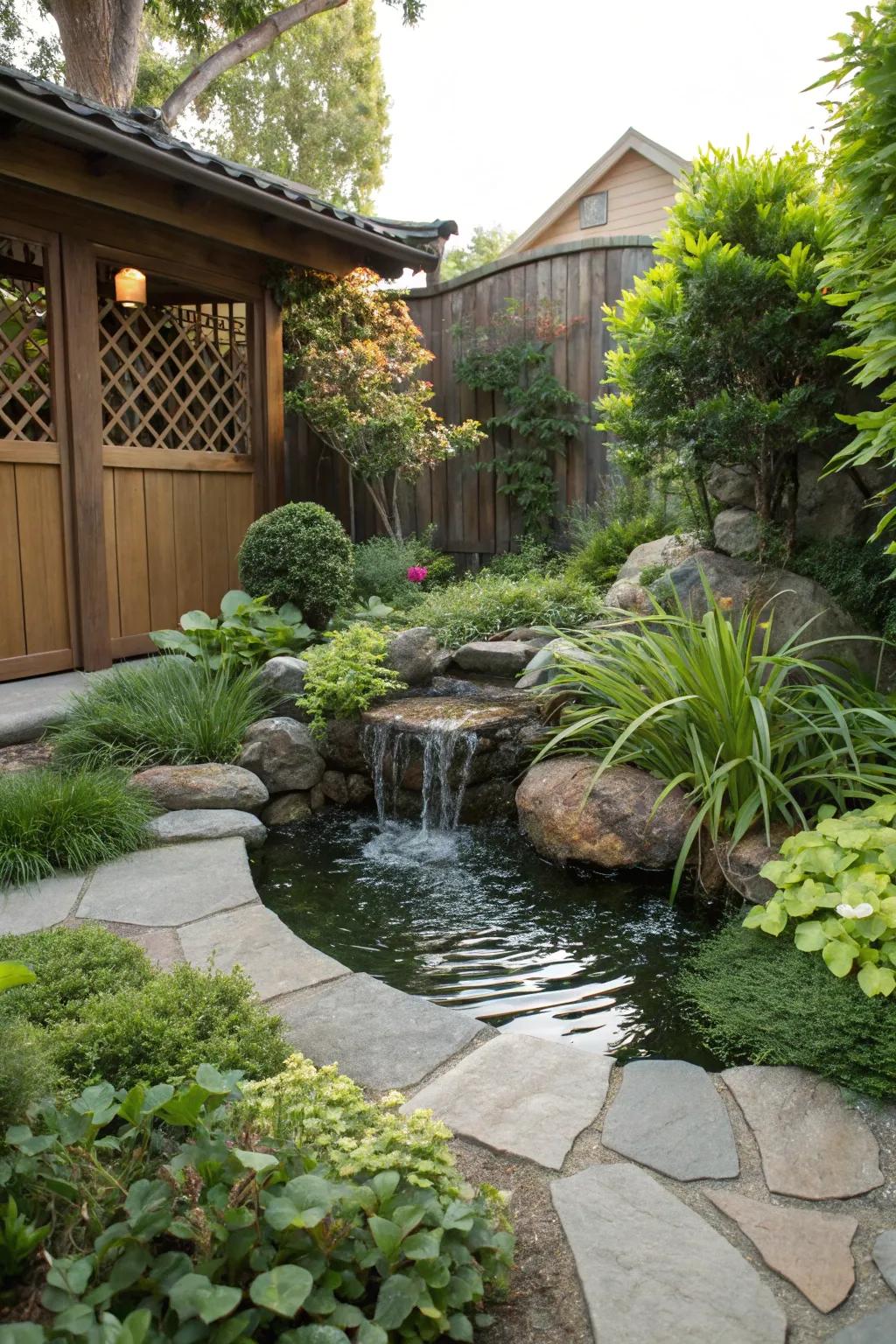 A peaceful water feature surrounded by lush greenery.