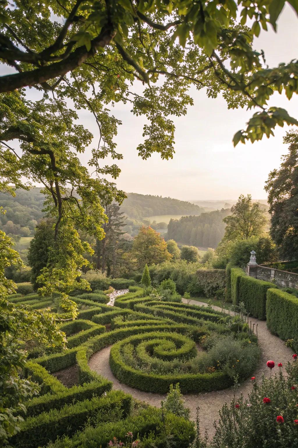 A garden maze beautifully integrated with natural surroundings.