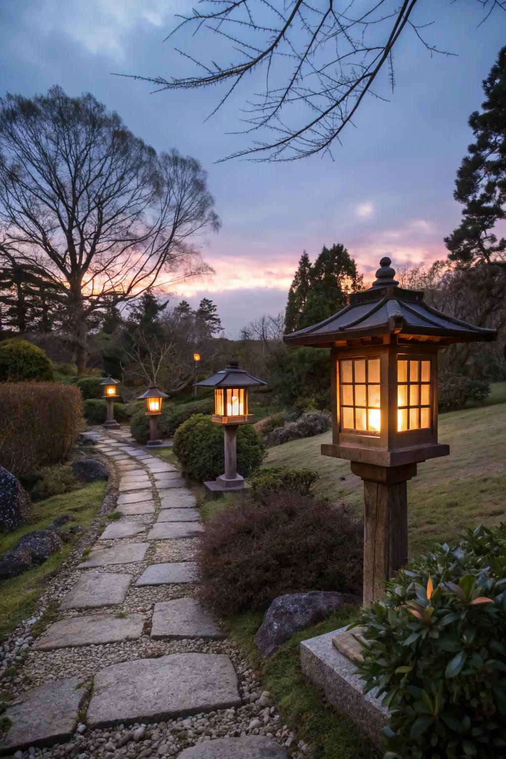 Japanese lanterns casting a magical glow at twilight.