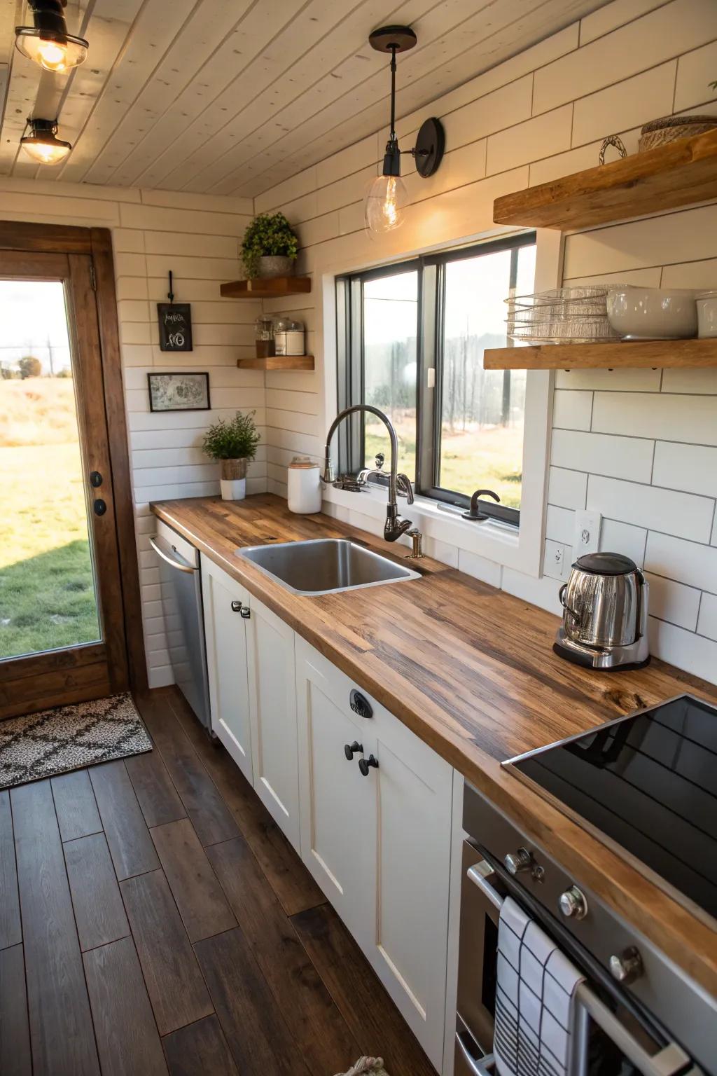 Mixing materials adds visual interest to small kitchens.