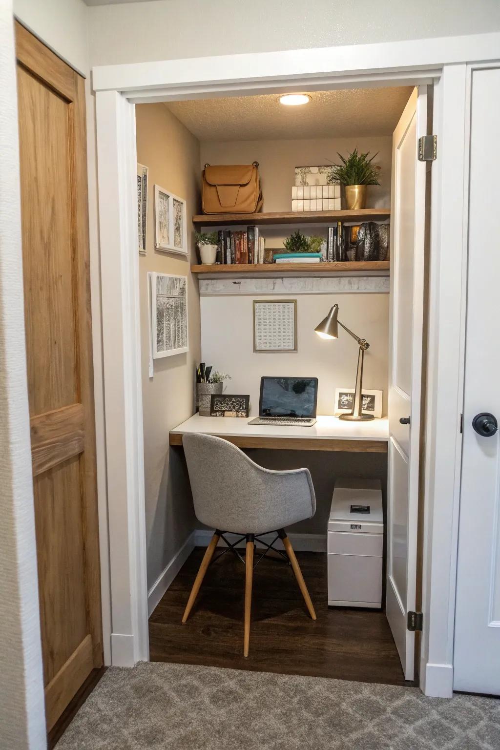 A cleverly converted closet turned into a functional office space.