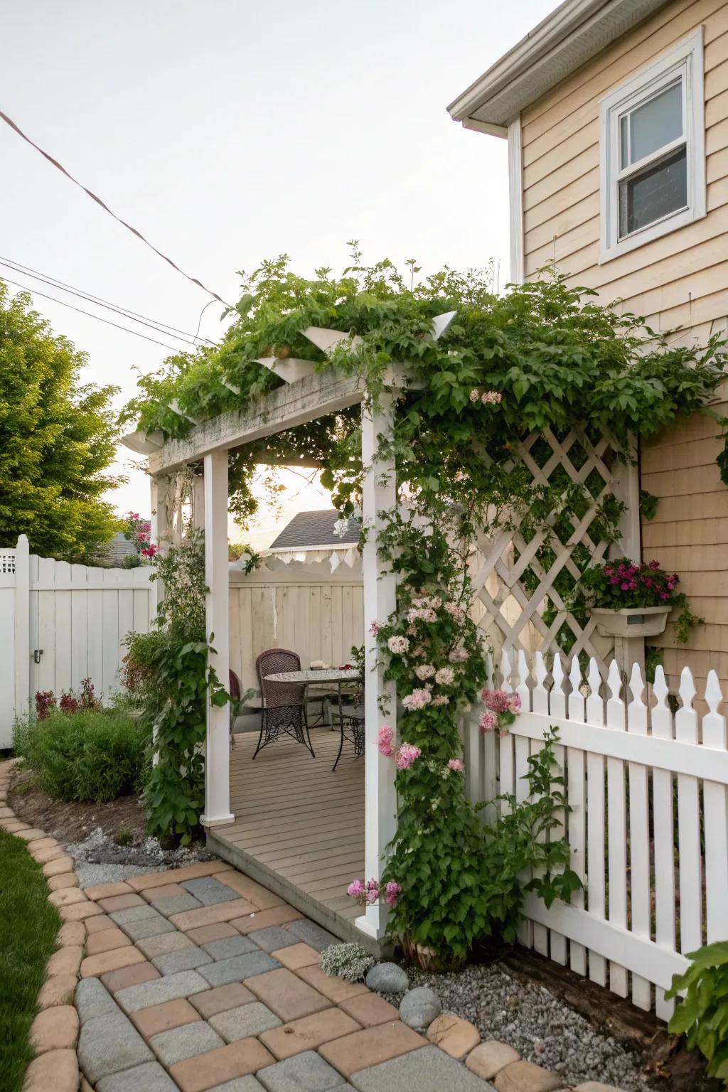 A trellis with climbing plants adds privacy and beauty.