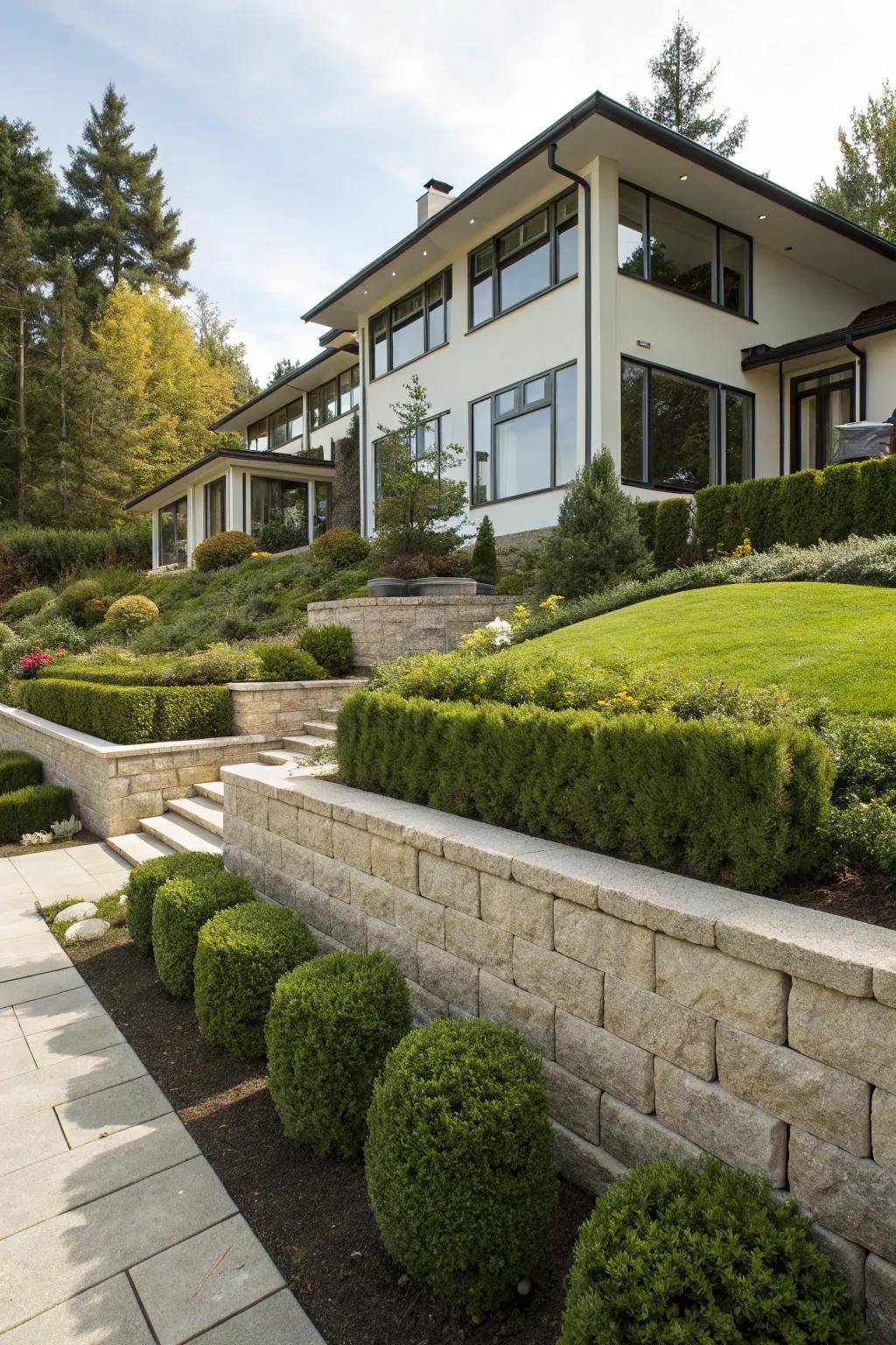 Contrasting retaining walls create stylish continuity with exteriors.