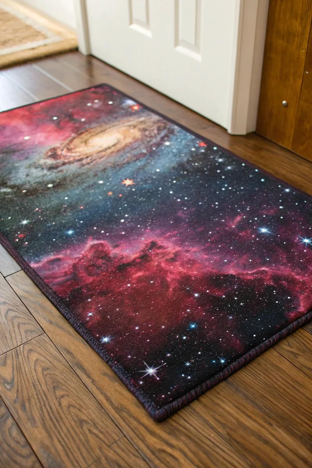 A galaxy-themed rug adds texture and ties the room’s theme together.