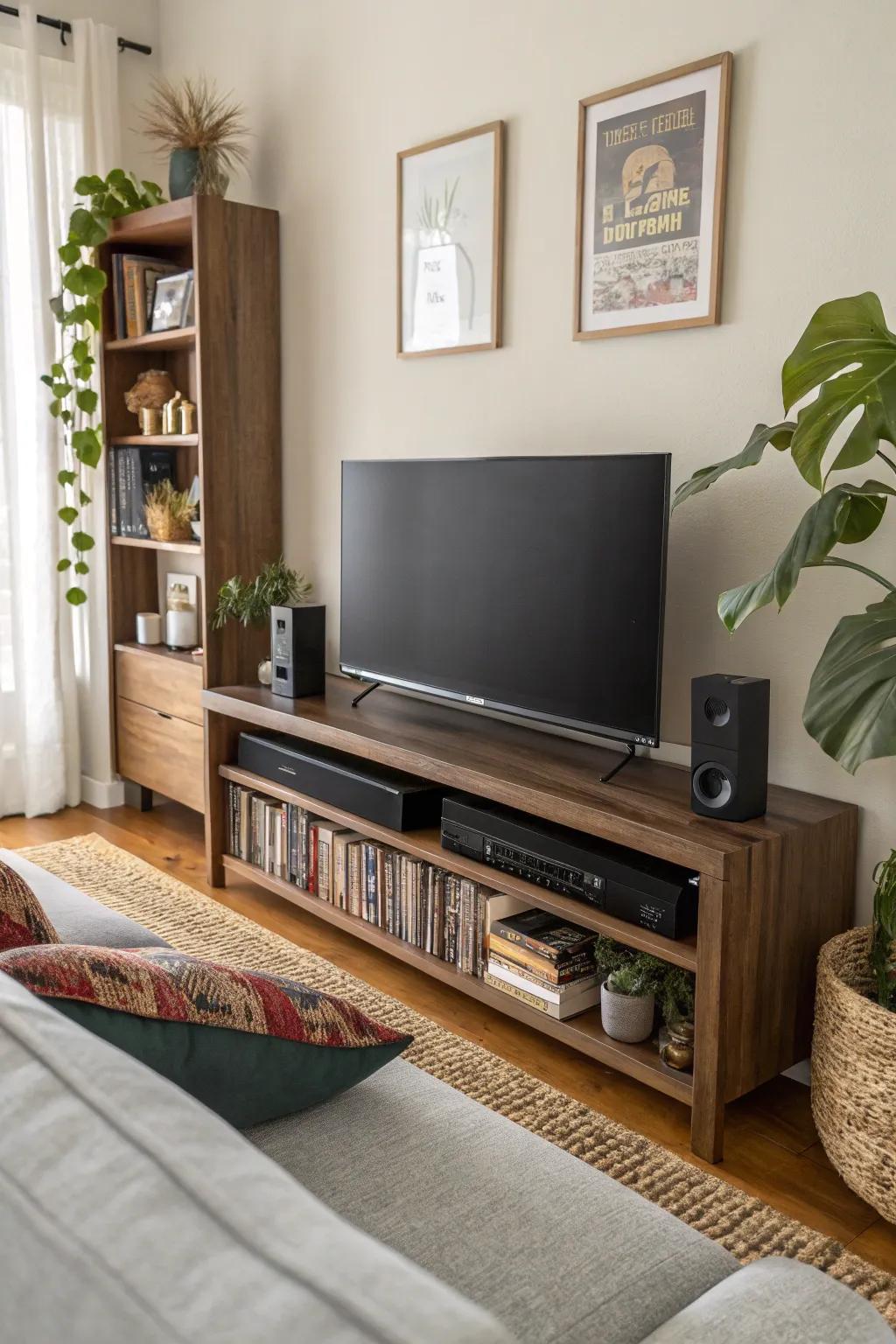 Corner-mounted soundbar for efficient use of space