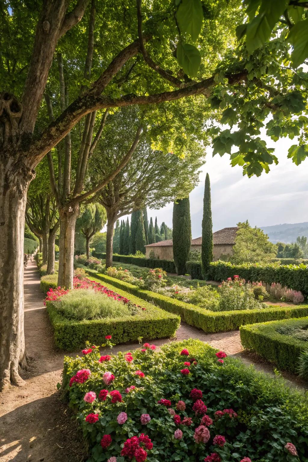 A garden oasis with shade-providing trees and lush shrubs.