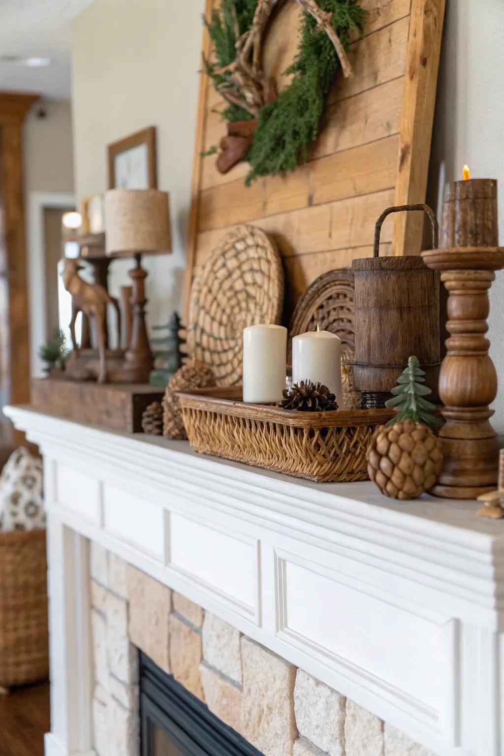 Rustic touches add charm and warmth to the mantel.