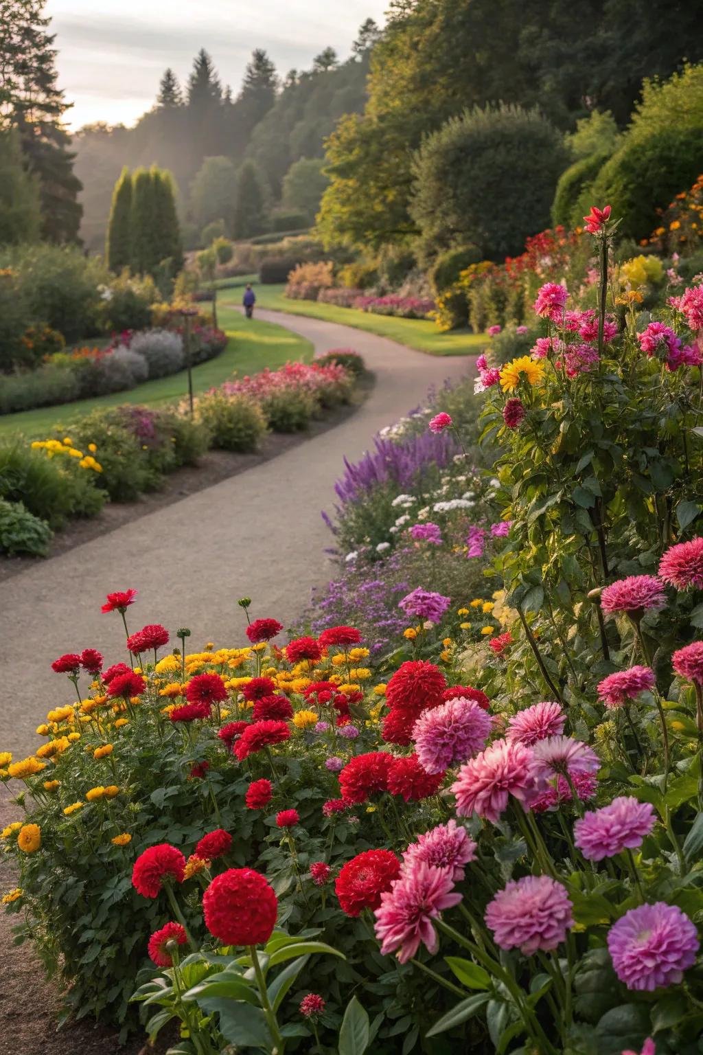 A colorful landscape of densely planted flowers creates a striking garden display.