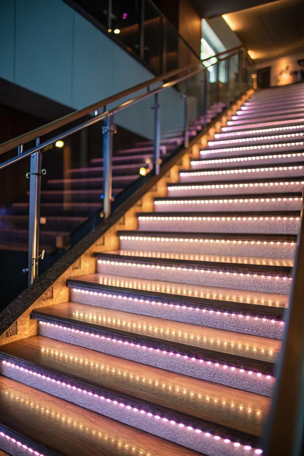 LED-lit treads enhance safety and ambiance.