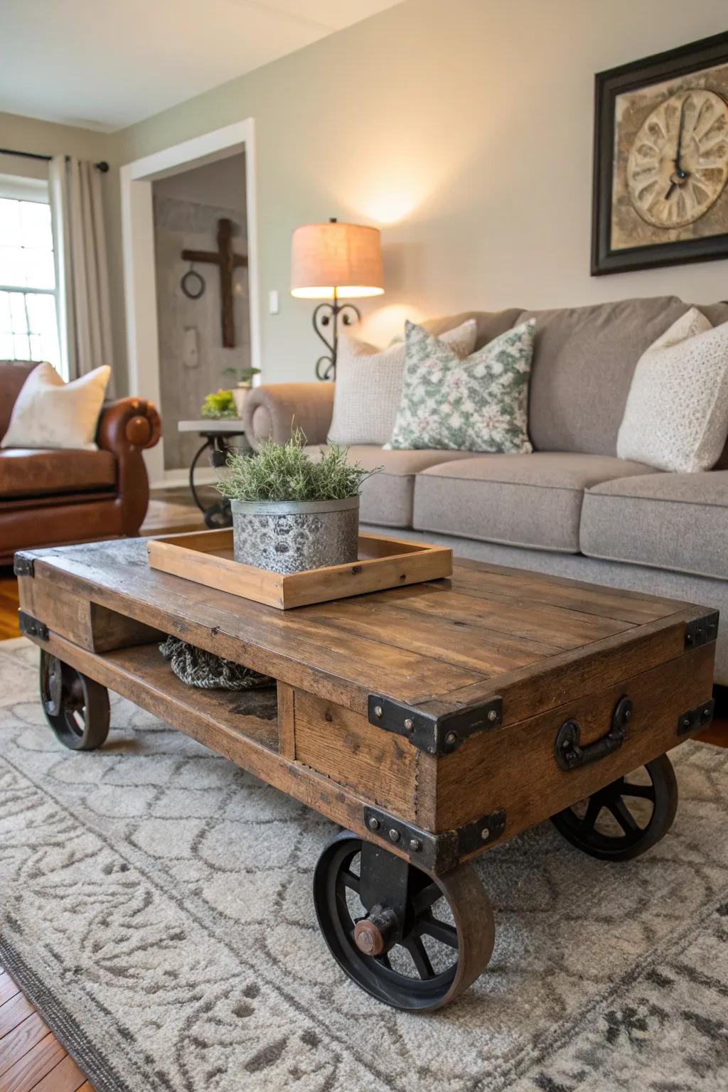 Repurposed industrial furniture adds character and function to steampunk decor.