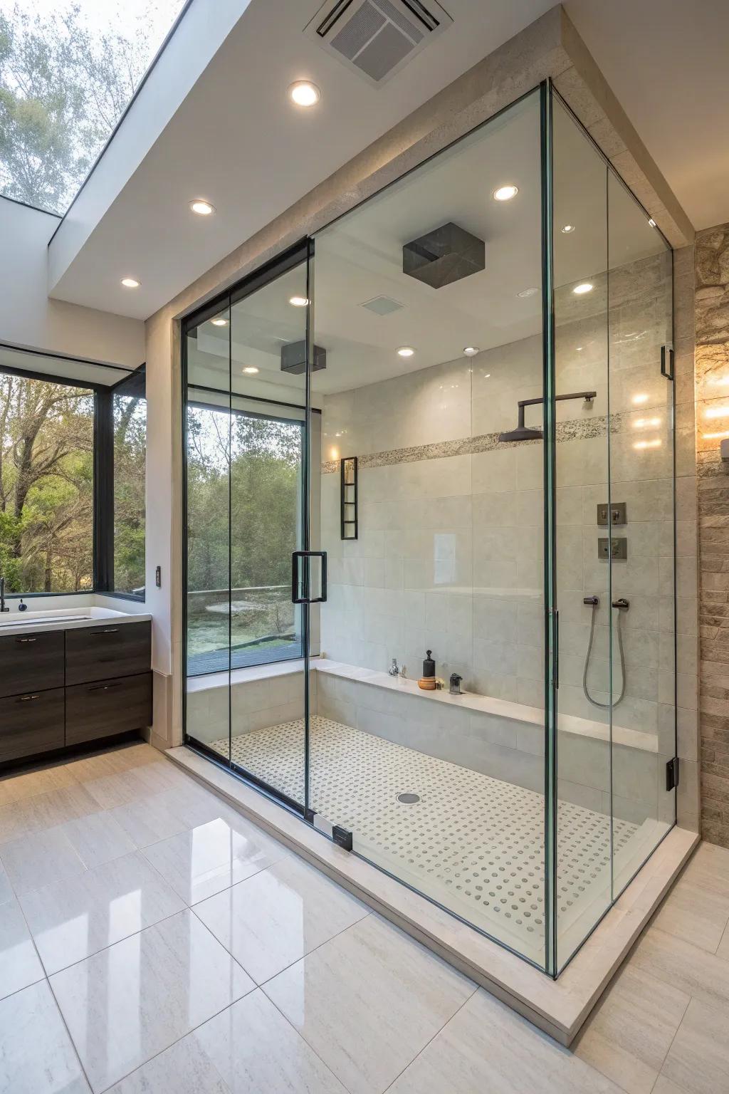 Step-down shower with open concept glass enclosures for an expansive look.