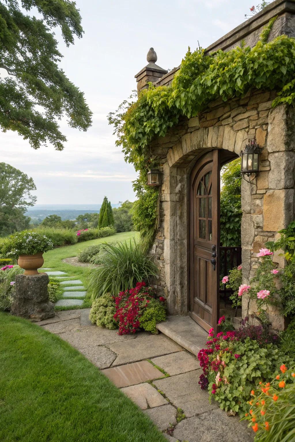 Greenery brings life and color to stone entrances.